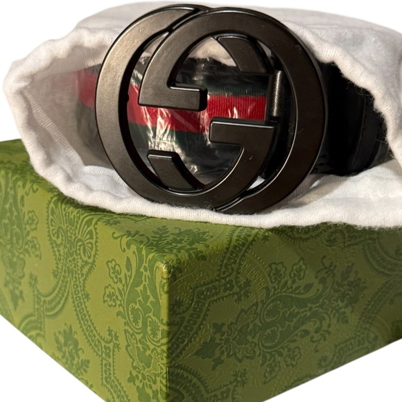 Gucci GG Supreme Web Stripe Belt Black Leather & Canvas Green Red Box & Dust Bag - Picture 10 of 11